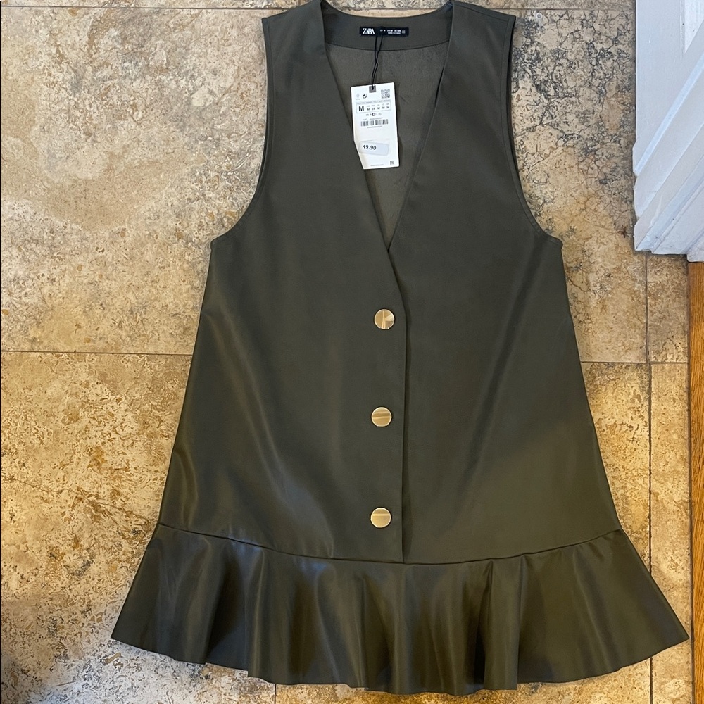 Zara olive green leather Sleeveless Dress with Metallic Buttons